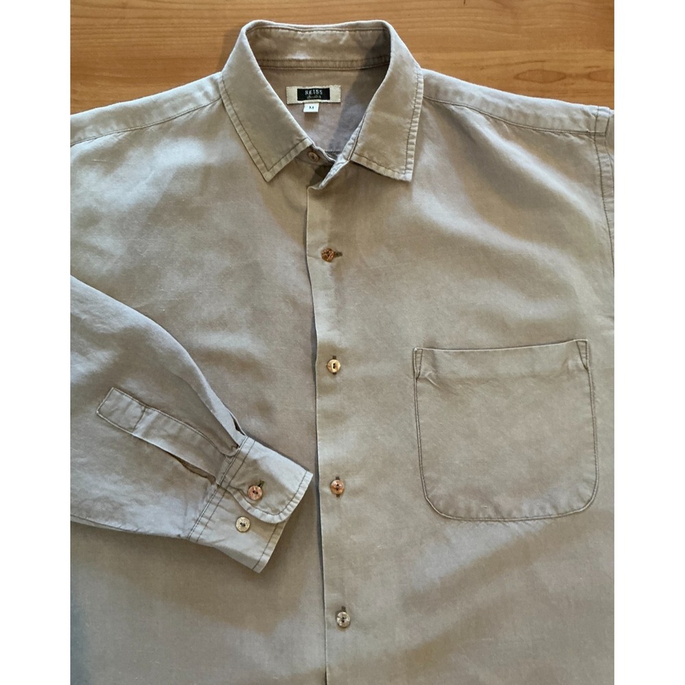 Reiss Long Sleeve Casual Work Shirt Beige‎ Ramie Rayon Men's M